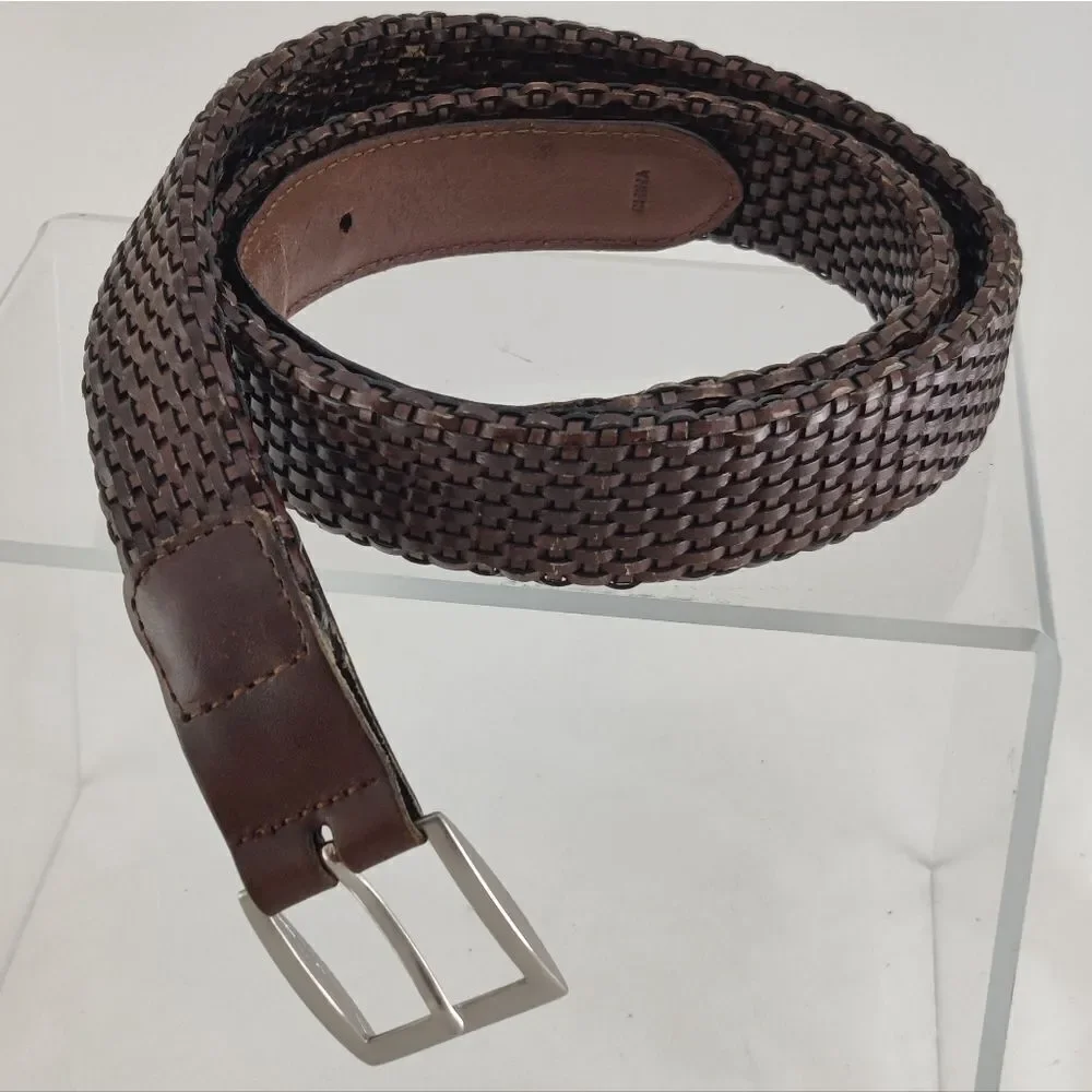 Woven genuine Leather Belt Sz 40 in Brown Square Buckle Heel Prong Silver Metal